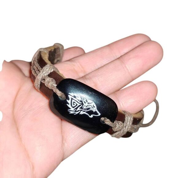Celtic Bohemian Wolf Leather Tie Bracelet - Picture 1 of 3